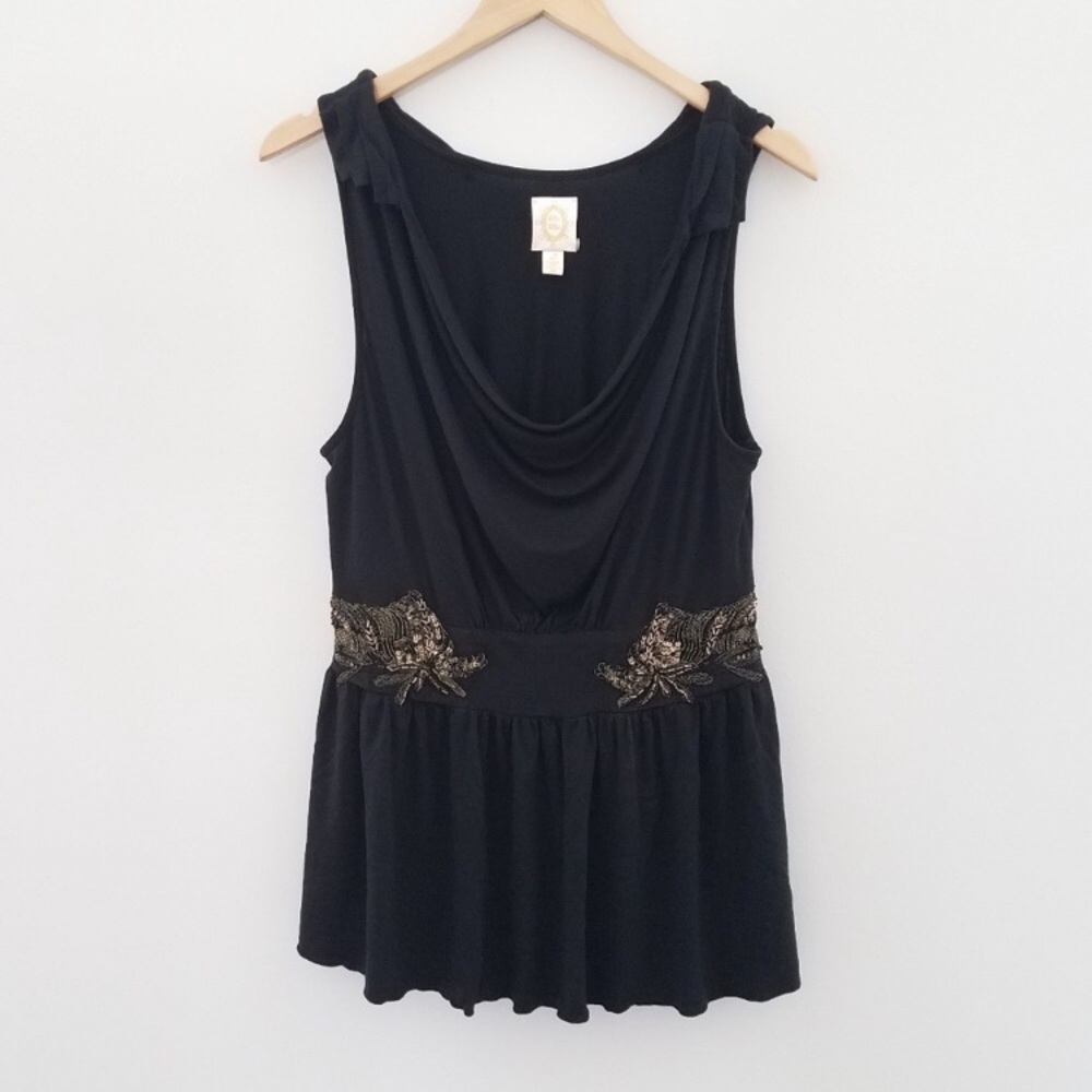 Anthropologie Black Cowl Neck Tunic Gold Beads
